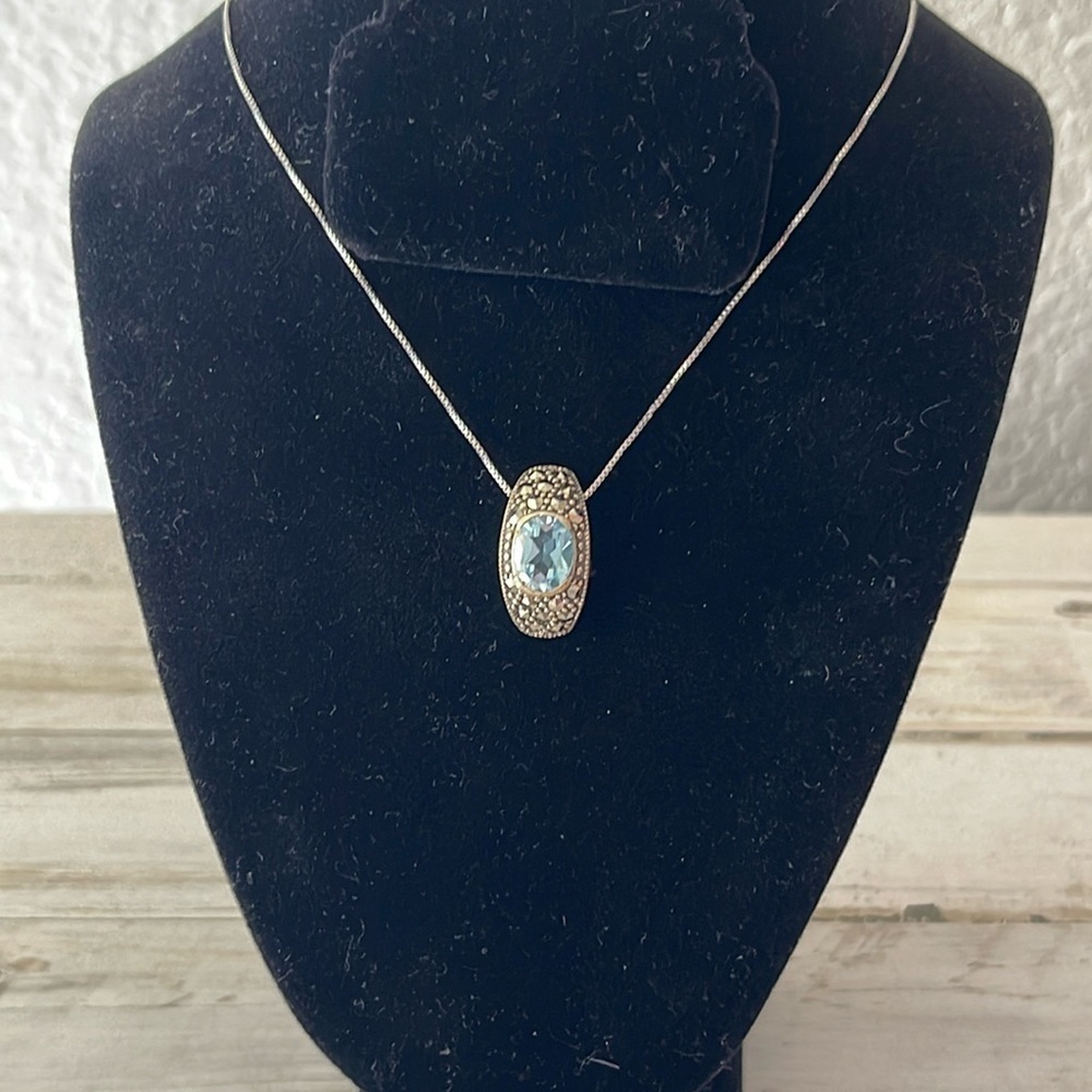 Sterling Silver Marcasite Blue Topaz Pendant Necklace - Picture 2 of 9